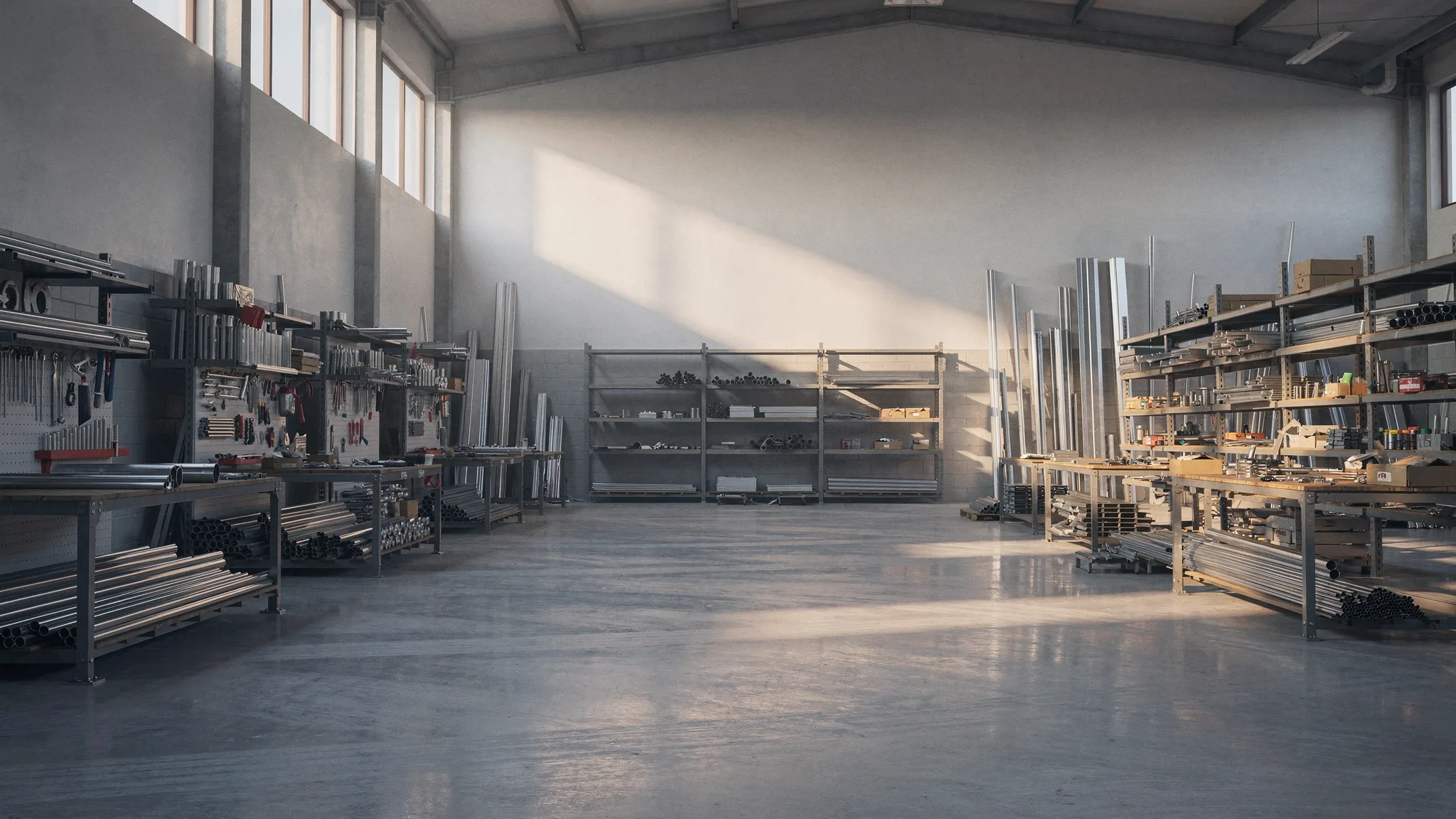 An empty workshop floor at first light, sun through the high windows.